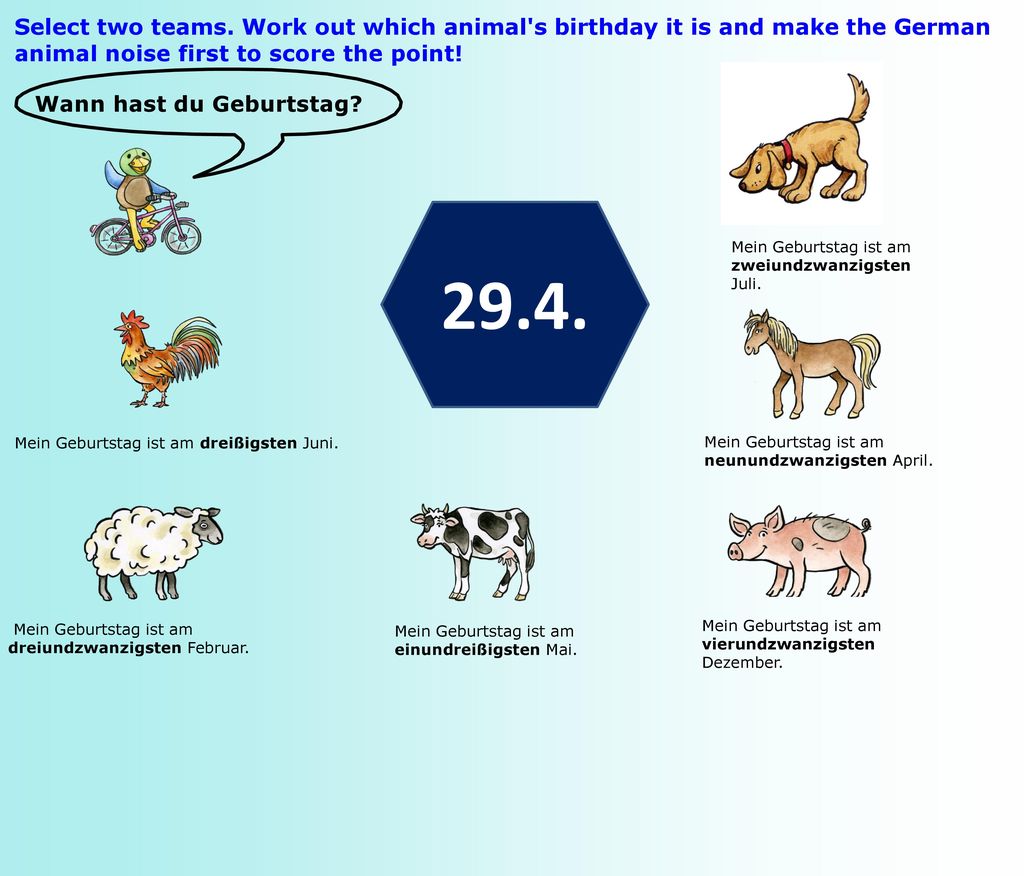 Select two teams. Work out which animal s birthday it is and make the German animal noise first to score the point!