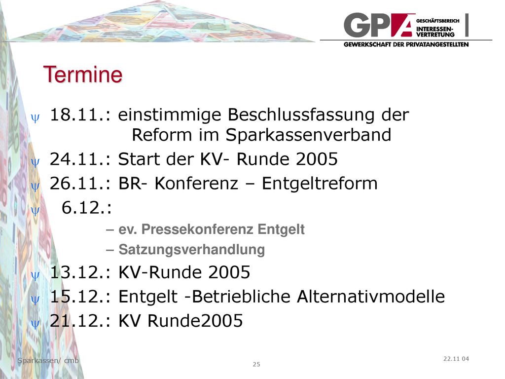 Termine : einstimmige Beschlussfassung der Reform im Sparkassenverband : Start der KV- Runde