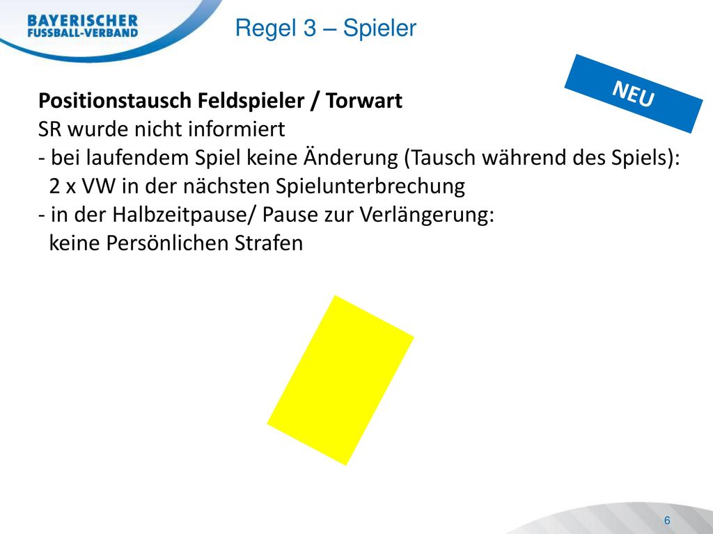 Regel 3 – Spieler NEU. Positionstausch Feldspieler / Torwart. SR wurde nicht informiert.