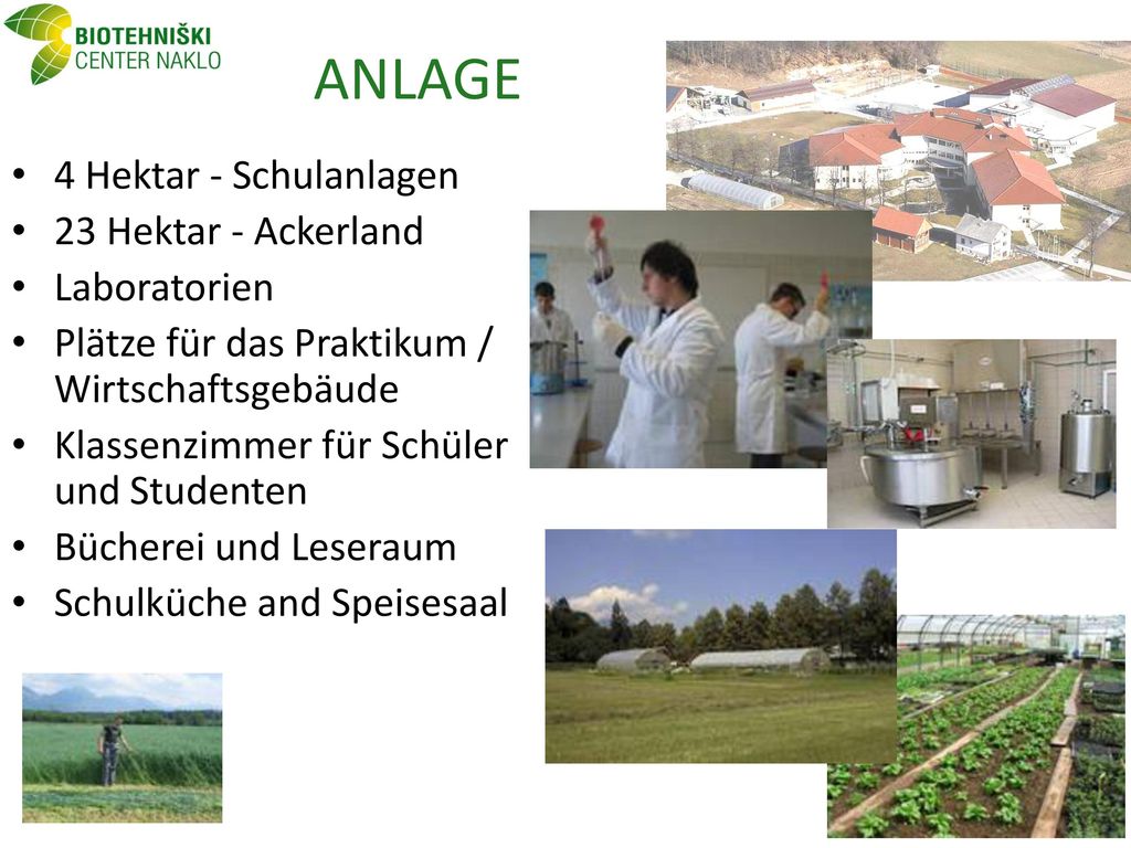 ANLAGE 4 Hektar - Schulanlagen 23 Hektar - Ackerland Laboratorien