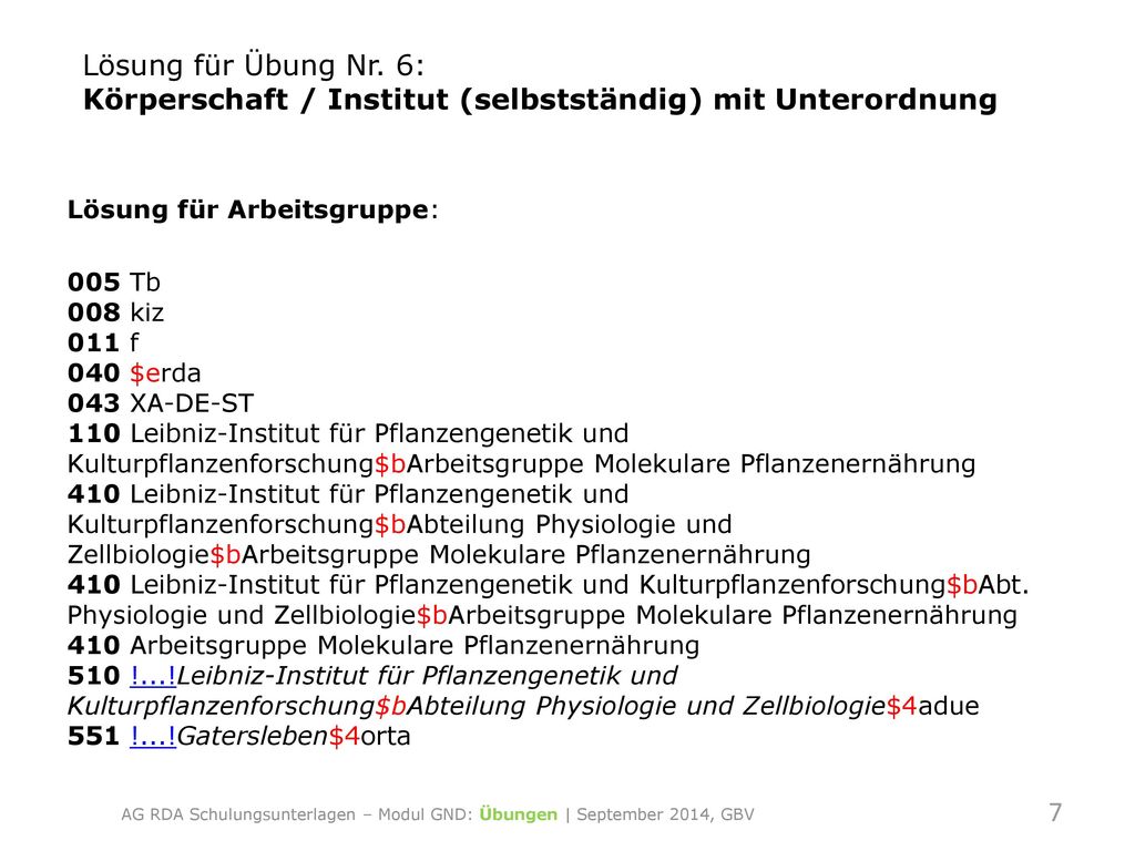 AG RDA Schulungsunterlagen – Modul GND: Übungen | September 2014, GBV