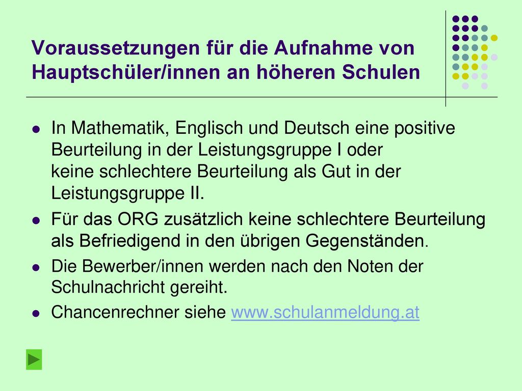 Voraussetzungen für die Aufnahme von Hauptschüler/innen an höheren Schulen