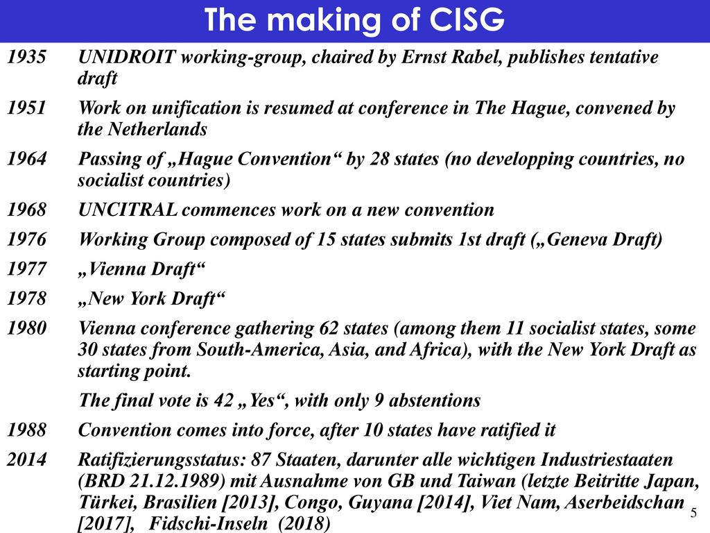 The making of CISG 1935 UNIDROIT working-group, chaired by Ernst Rabel, publishes tentative draft.