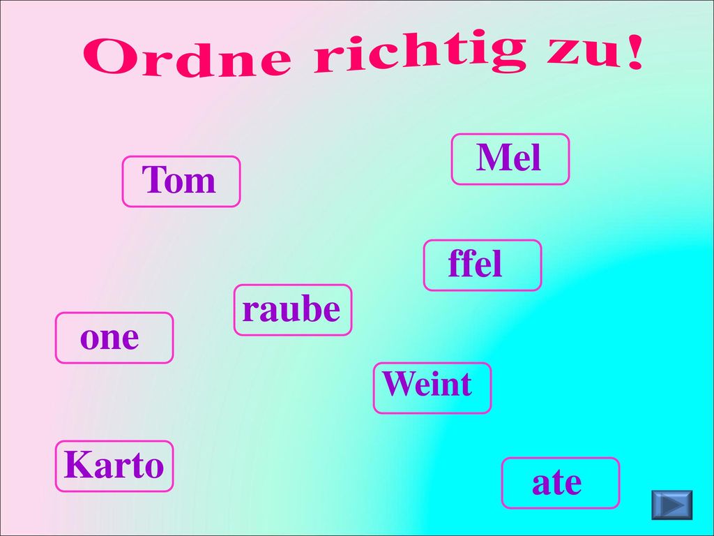 Ordne richtig zu! Mel Tom ffel raube one Weint Karto ate