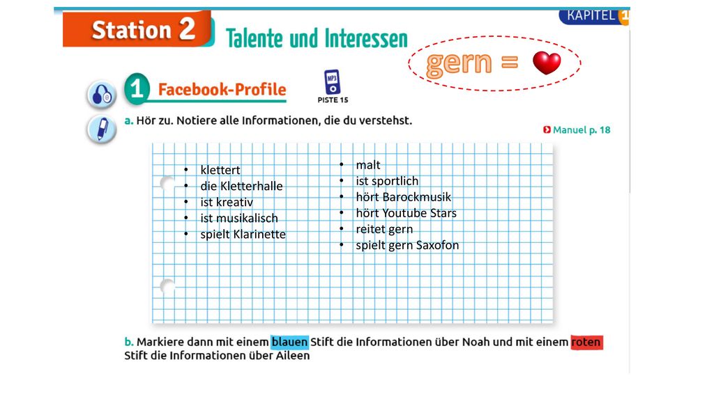 gern = malt klettert ist sportlich die Kletterhalle hört Barockmusik