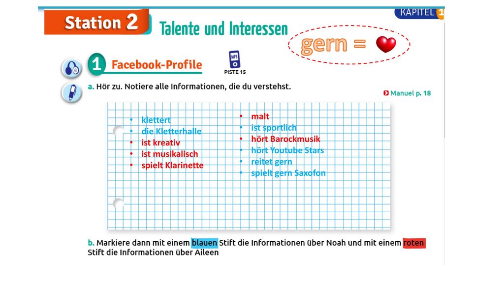 gern = malt klettert ist sportlich die Kletterhalle hört Barockmusik