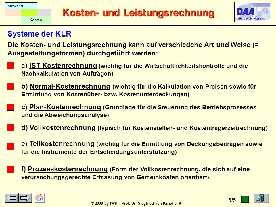 Systeme der KLR Die Kosten- und Leistungsrechnung kann auf verschiedene Art und Weise (= Ausgestaltungsformen) durchgeführt werden: