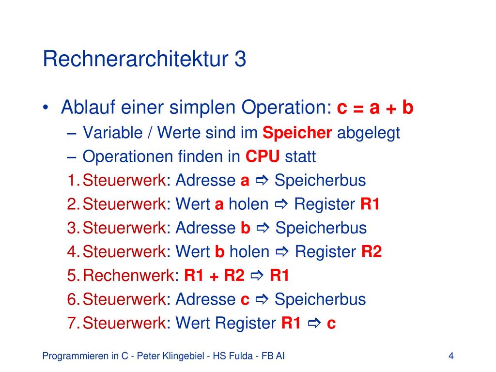 Rechnerarchitektur 3 Ablauf einer simplen Operation: c = a + b
