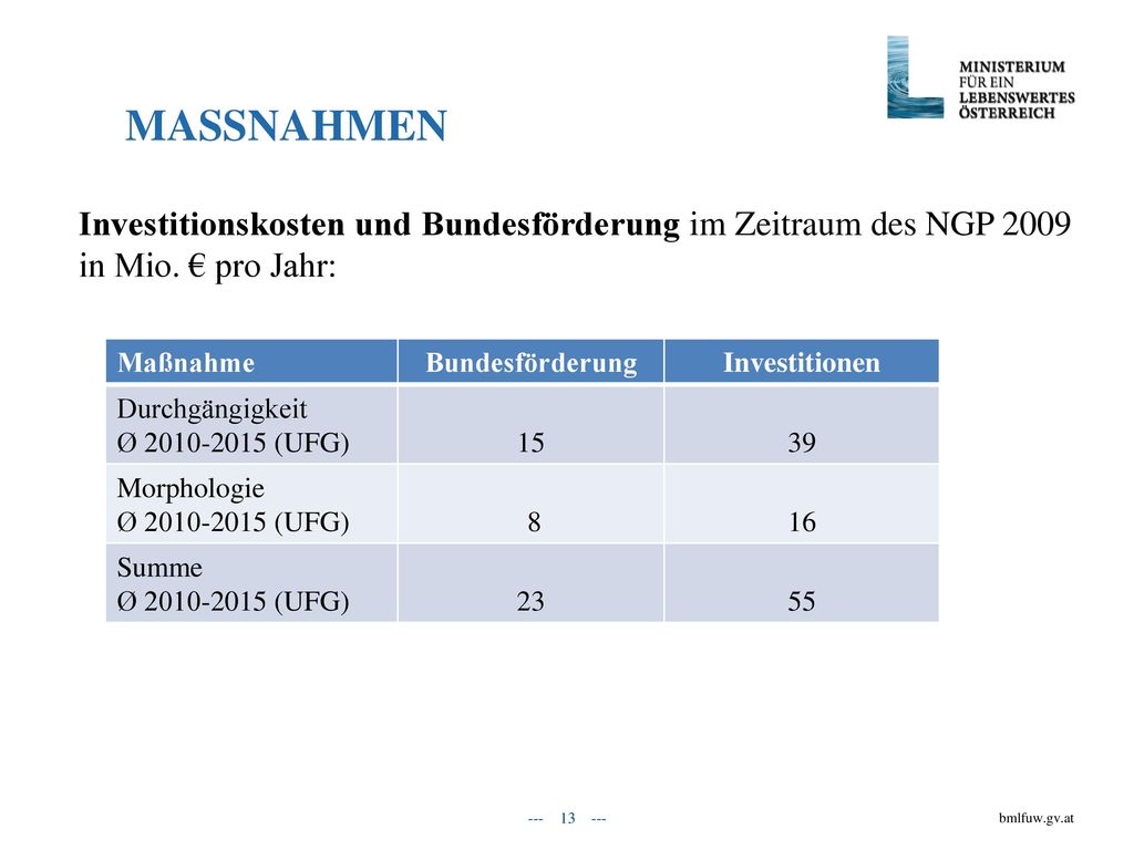 Massnahmen Investitionskosten und Bundesförderung im Zeitraum des NGP 2009 in Mio. € pro Jahr: Maßnahme.