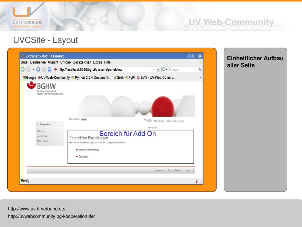 UVCSite - Layout Einheitlicher Aufbau aller Seite Bereich für Add On