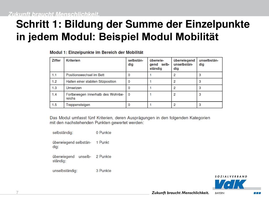 Schritt 1: Bildung der Summe der Einzelpunkte in jedem Modul: Beispiel Modul Mobilität
