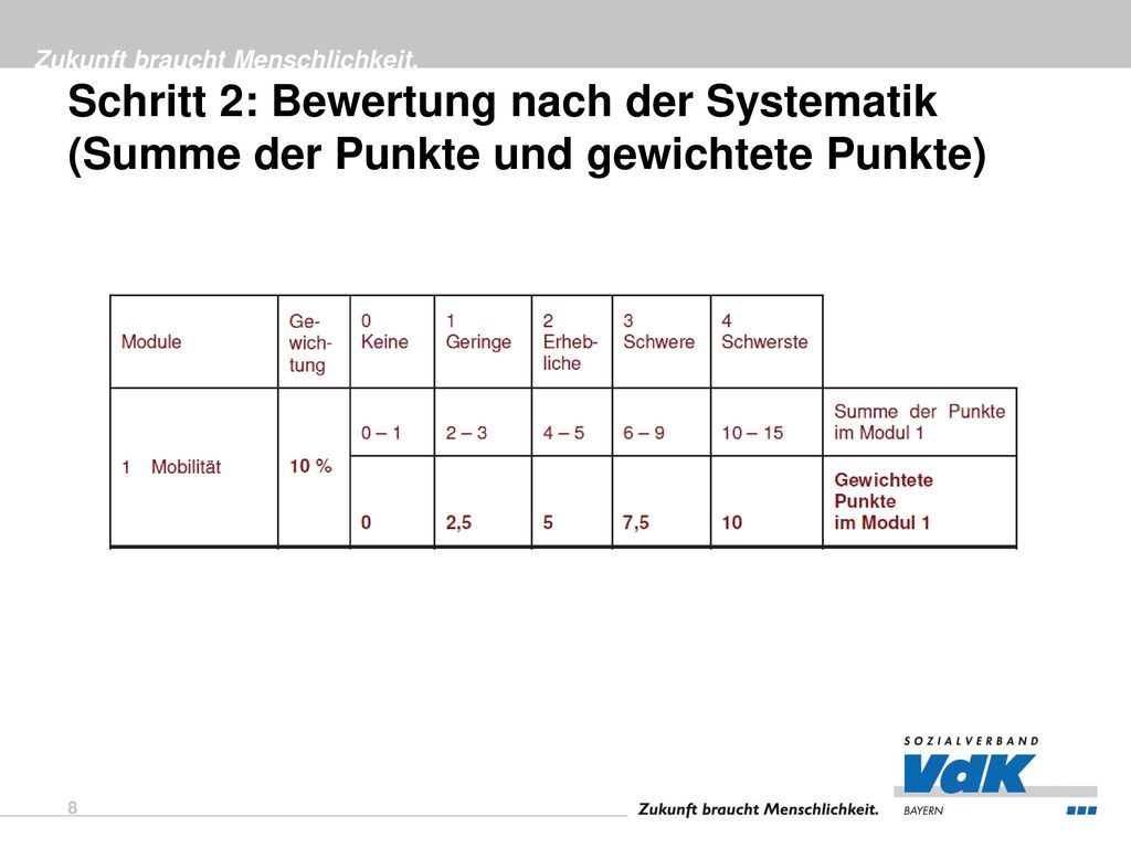Schritt 2: Bewertung nach der Systematik (Summe der Punkte und gewichtete Punkte)