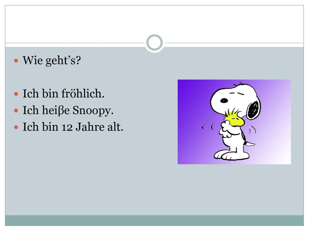 Wie geht’s Ich bin fröhlich. Ich heiβe Snoopy. Ich bin 12 Jahre alt.