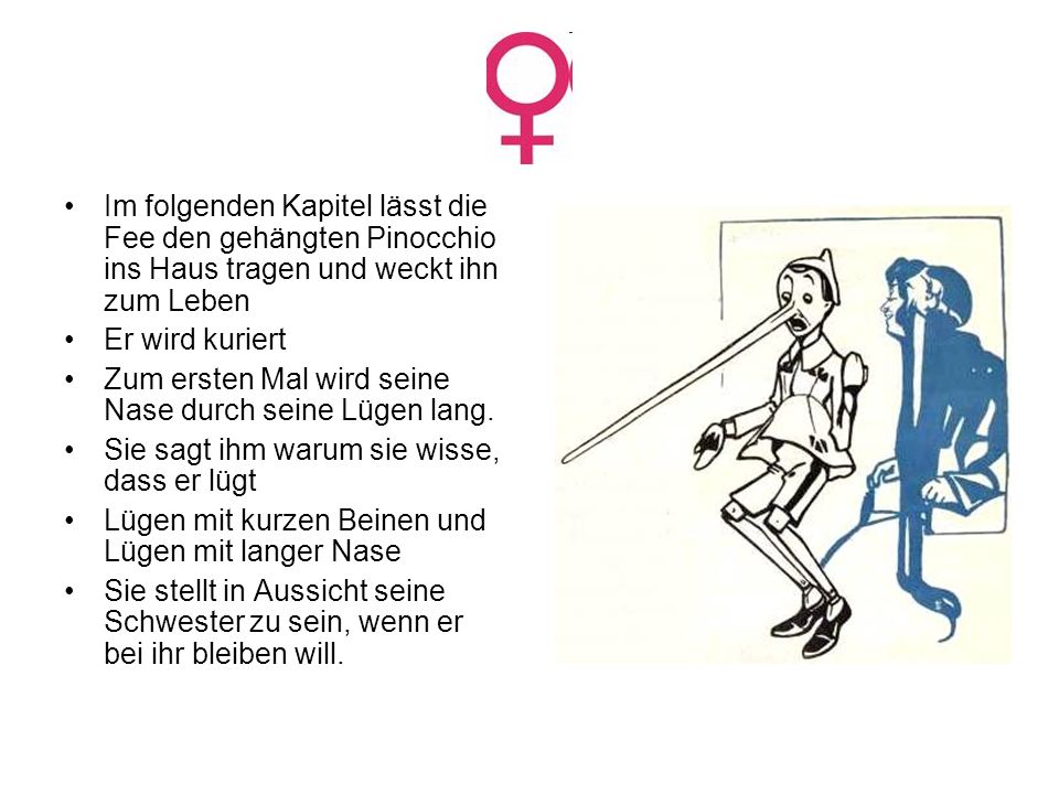 Im folgenden Kapitel lässt die Fee den gehängten Pinocchio ins Haus tragen und weckt ihn zum Leben