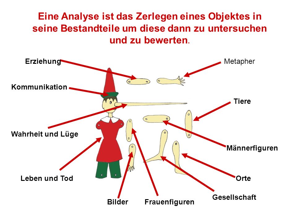 Eine Analyse ist das Zerlegen eines Objektes in seine Bestandteile um diese dann zu untersuchen und zu bewerten.