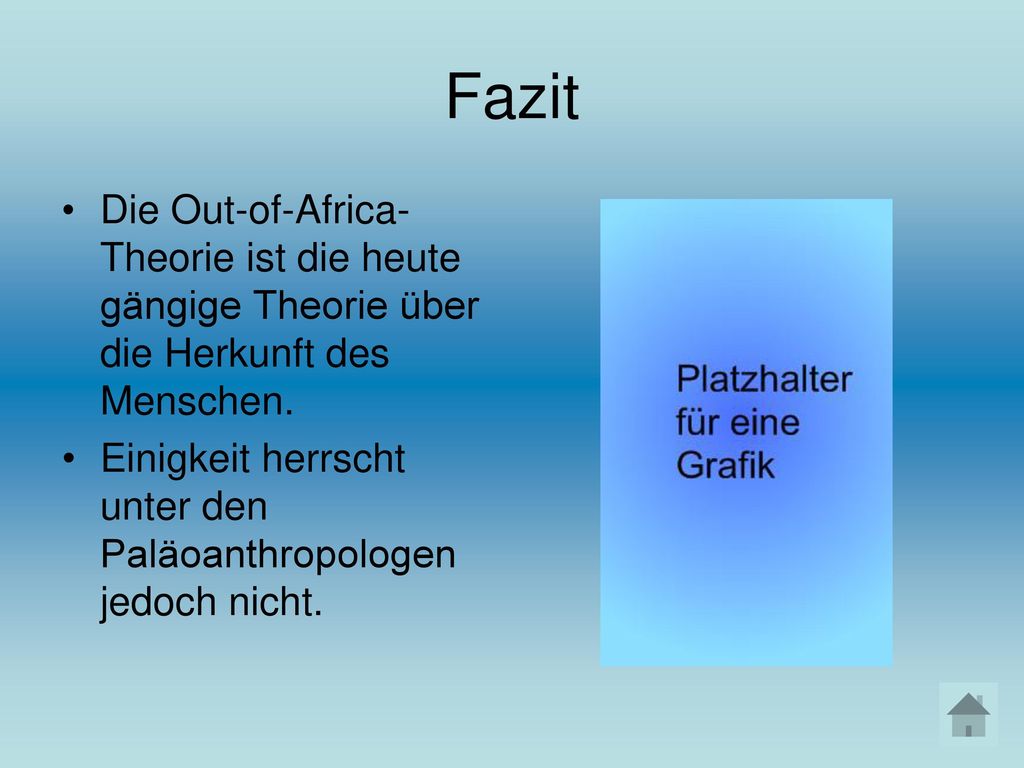 Fazit Die Out-of-Africa-Theorie ist die heute gängige Theorie über die Herkunft des Menschen.