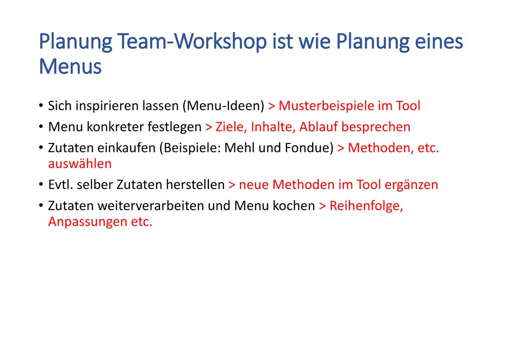 Planung Team-Workshop ist wie Planung eines Menus