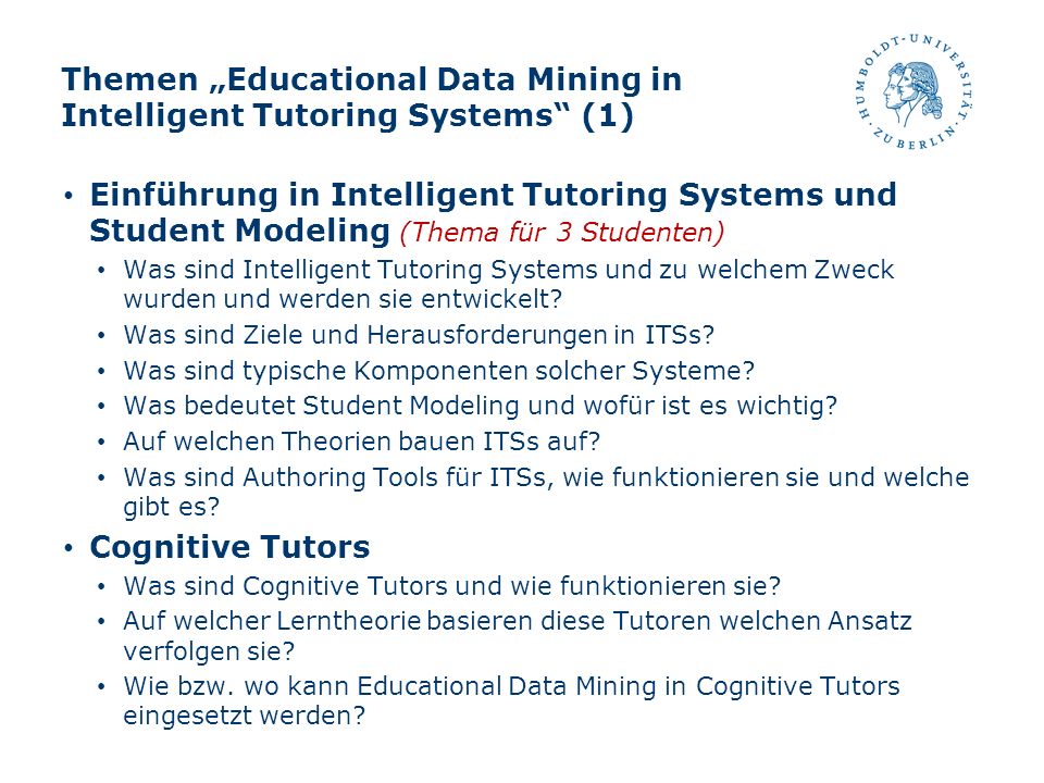 Themen „Educational Data Mining in Intelligent Tutoring Systems (1)