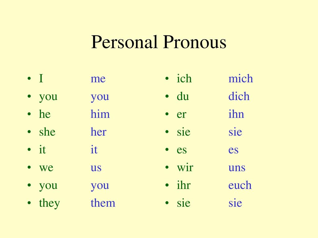 Personal Pronous I me you you he him she her it it we us they them