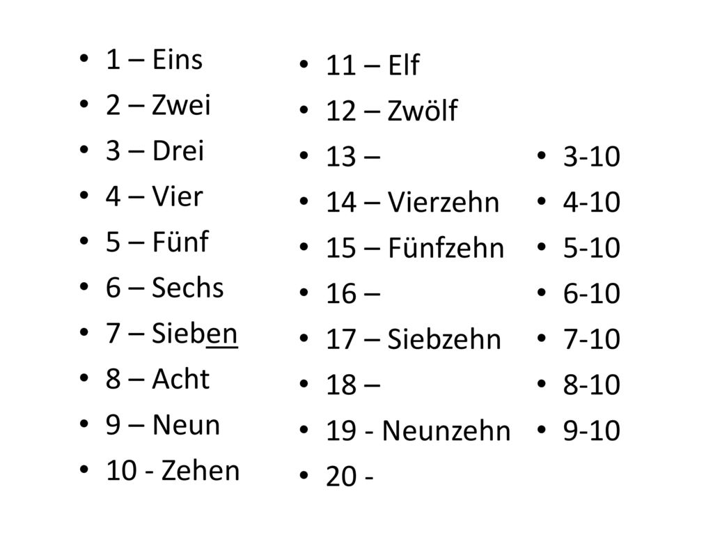 1 – Eins 2 – Zwei. 3 – Drei. 4 – Vier. 5 – Fünf. 6 – Sechs. 7 – Sieben. 8 – Acht. 9 – Neun Zehen.