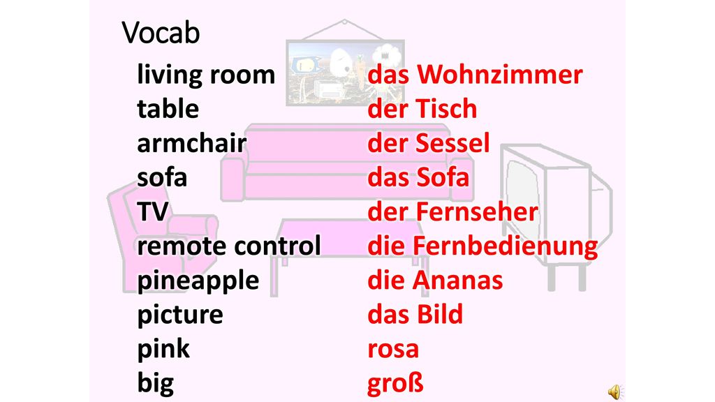 Vocab living room table armchair sofa TV remote control pineapple