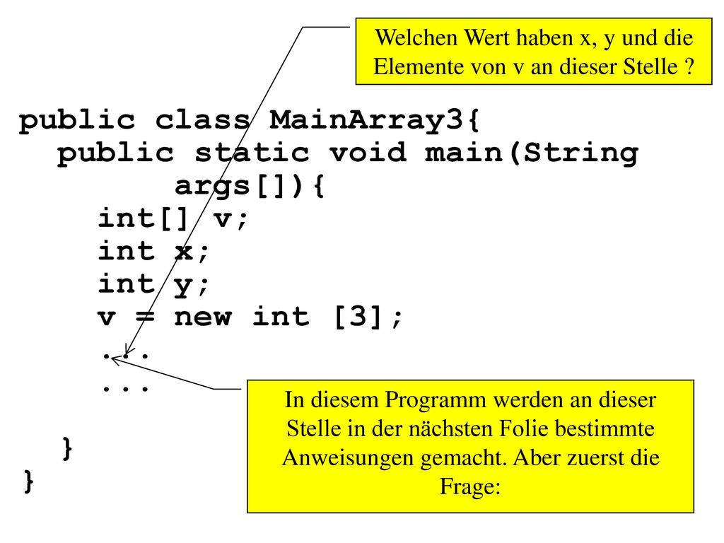 Welchen Wert haben x, y und die Elemente von v an dieser Stelle