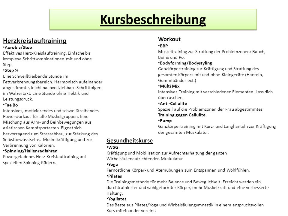 Kursbeschreibung Herzkreislauftraining Workout Gesundheitskurse