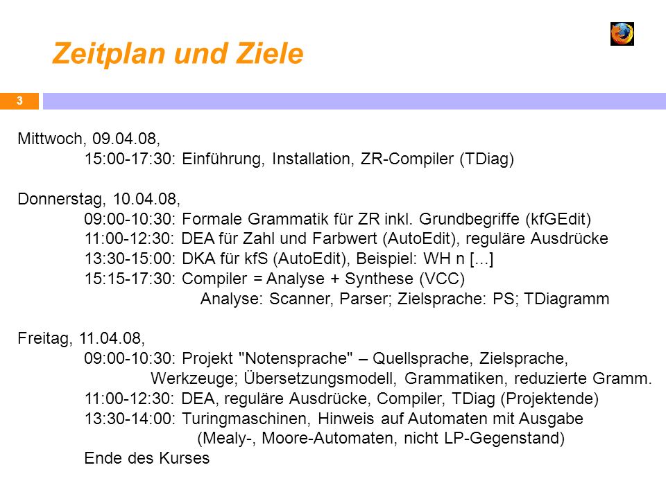 Zeitplan und Ziele Mittwoch, ,