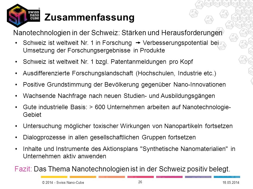Zusammenfassung Nanotechnologien in der Schweiz: Stärken und Herausforderungen.