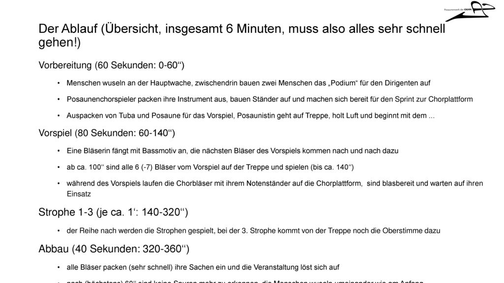 Der Ablauf (Übersicht, insgesamt 6 Minuten, muss also alles sehr schnell gehen!)
