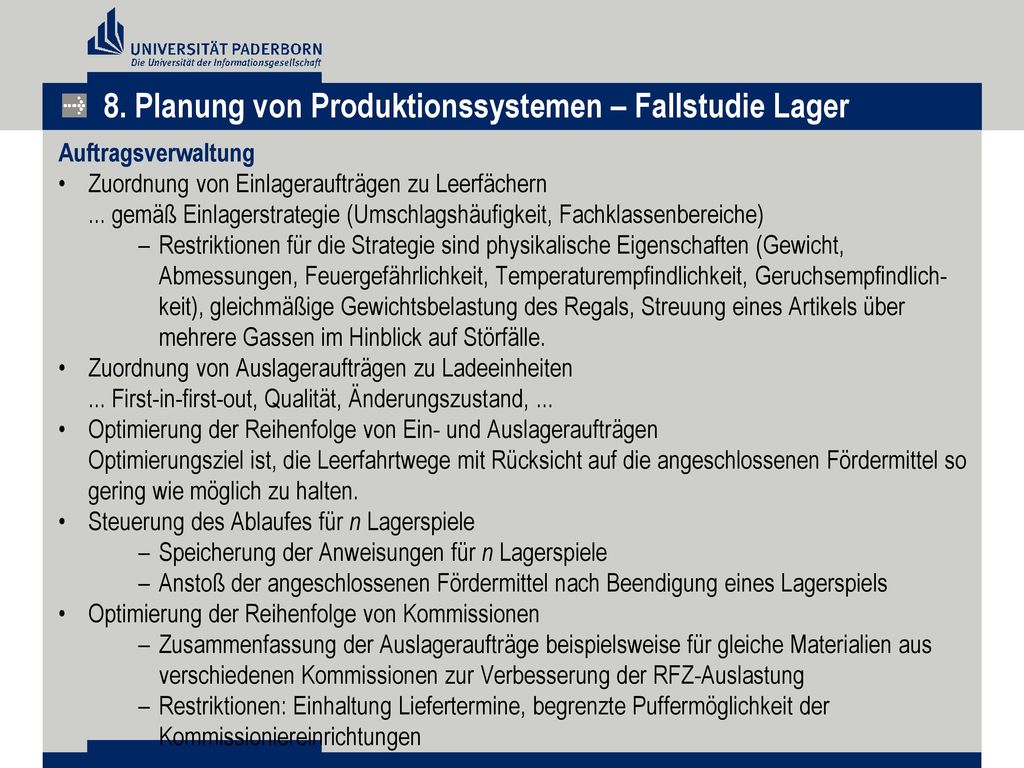 8. Planung von Produktionssystemen – Fallstudie Lager