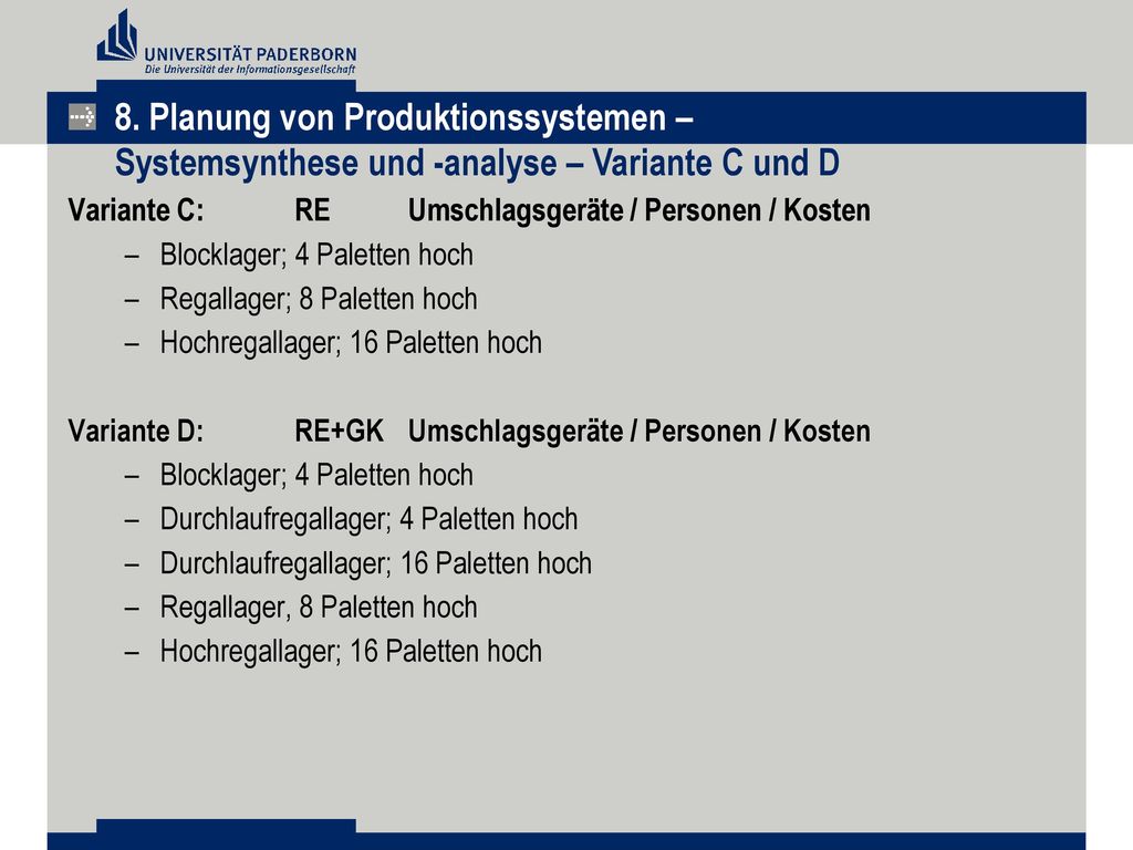 8. Planung von Produktionssystemen – Systemsynthese und -analyse – Variante C und D