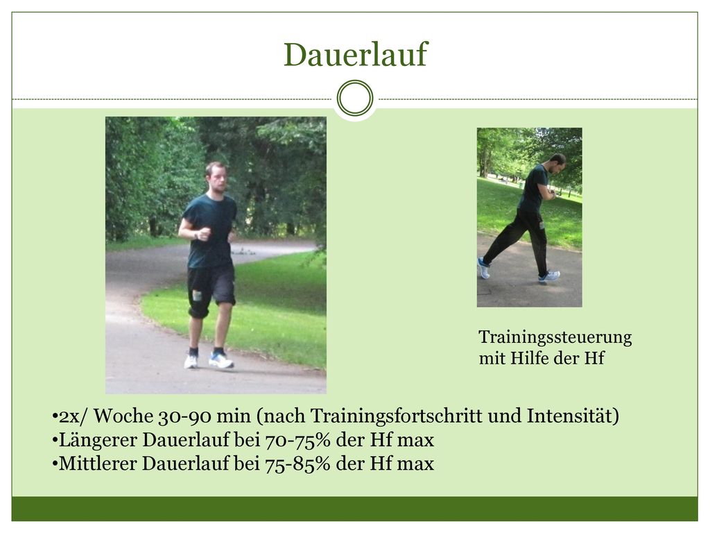Dauerlauf Trainingssteuerung. mit Hilfe der Hf. 2x/ Woche min (nach Trainingsfortschritt und Intensität)