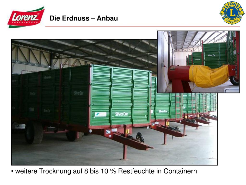weitere Trocknung auf 8 bis 10 % Restfeuchte in Containern