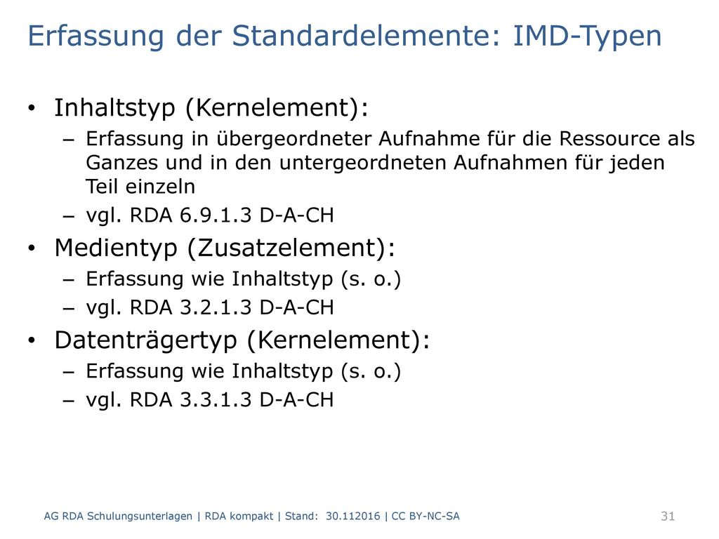 Erfassung der Standardelemente: IMD-Typen