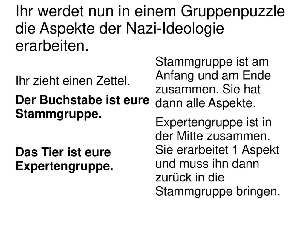 Ihr werdet nun in einem Gruppenpuzzle die Aspekte der Nazi-Ideologie erarbeiten.