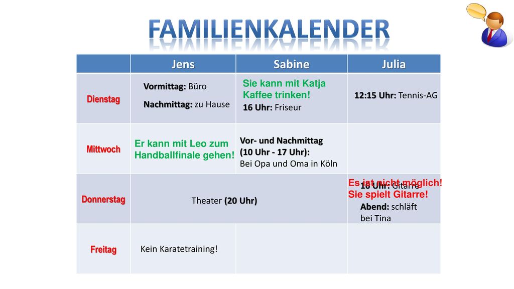 FAMILIENKALENDER Jens Sabine Julia Dienstag