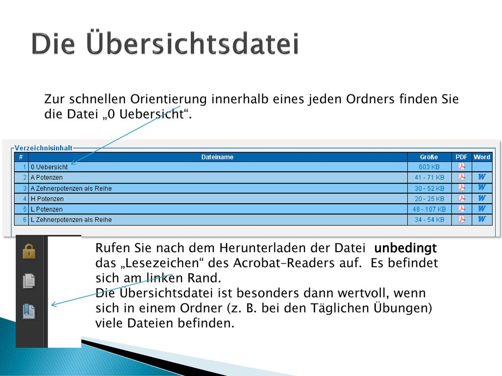 Die Übersichtsdatei Zur schnellen Orientierung innerhalb eines jeden Ordners finden Sie die Datei „0 Uebersicht .
