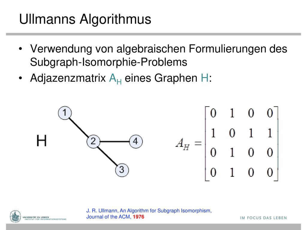 Ullmanns Algorithmus Verwendung von algebraischen Formulierungen des Subgraph-Isomorphie-Problems. Adjazenzmatrix AH eines Graphen H:
