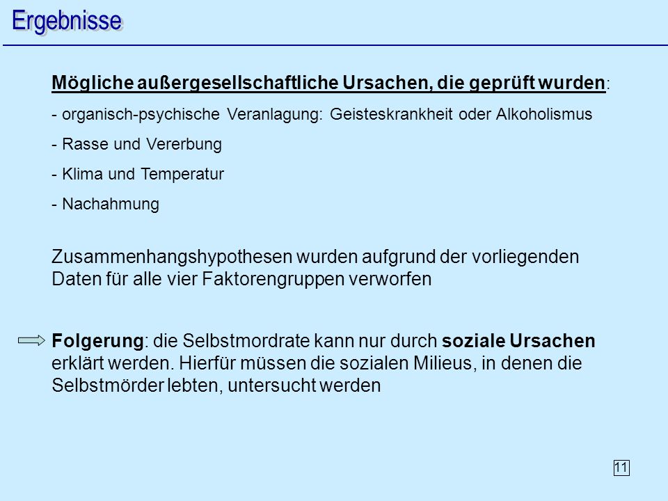 Ergebnisse Mögliche außergesellschaftliche Ursachen, die geprüft wurden: organisch-psychische Veranlagung: Geisteskrankheit oder Alkoholismus.