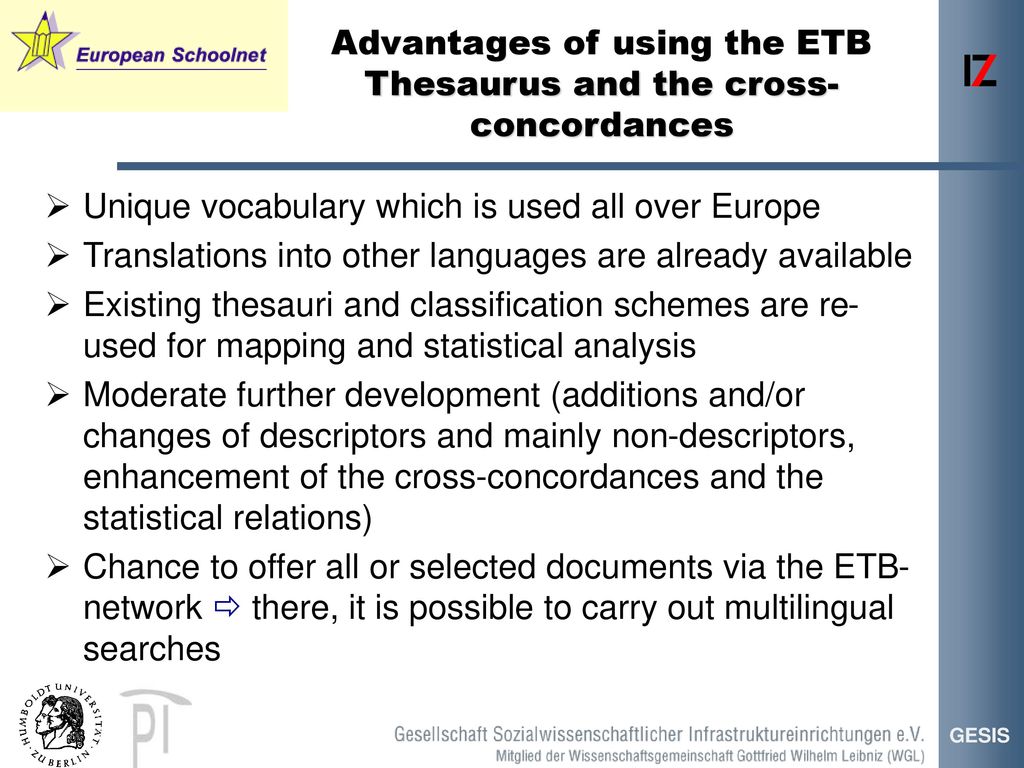 Advantages of using the ETB Thesaurus and the cross-concordances