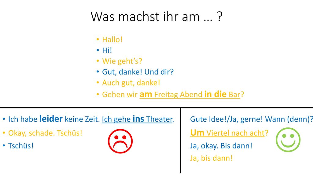   Was machst ihr am … Hallo! Hi! Wie geht’s Gut, danke! Und dir