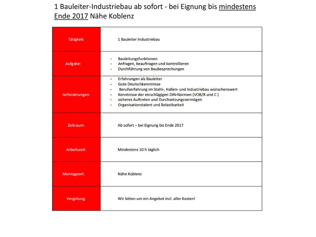 1 Bauleiter-Industriebau ab sofort - bei Eignung bis mindestens Ende 2017 Nähe Koblenz