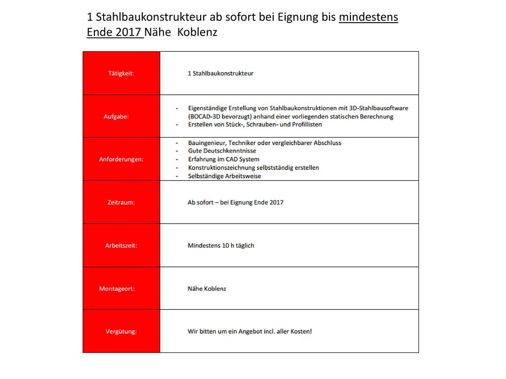 1 Stahlbaukonstrukteur ab sofort bei Eignung bis mindestens Ende 2017 Nähe Koblenz