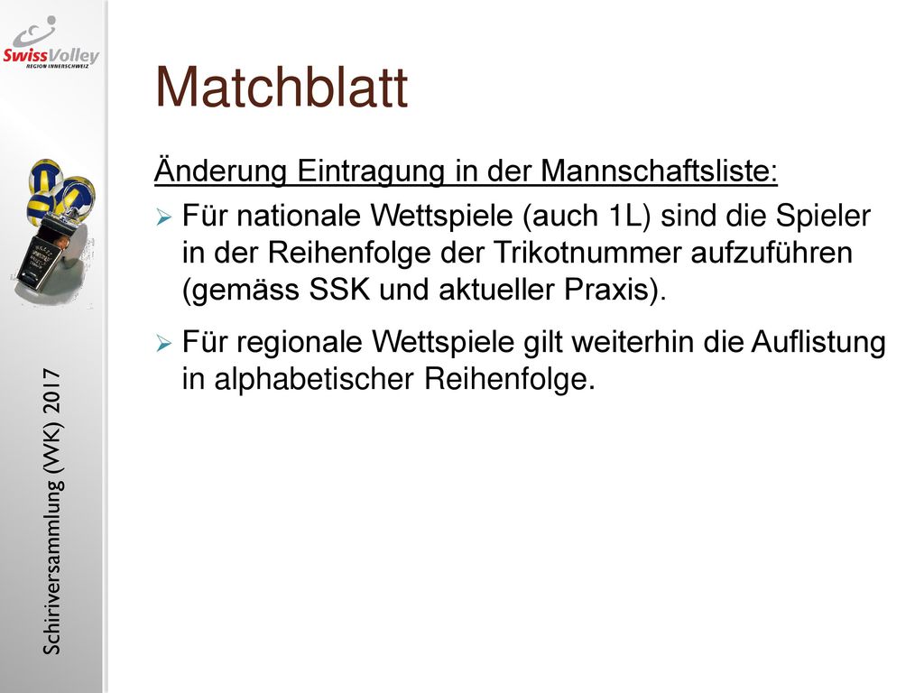Matchblatt Änderung Eintragung in der Mannschaftsliste:
