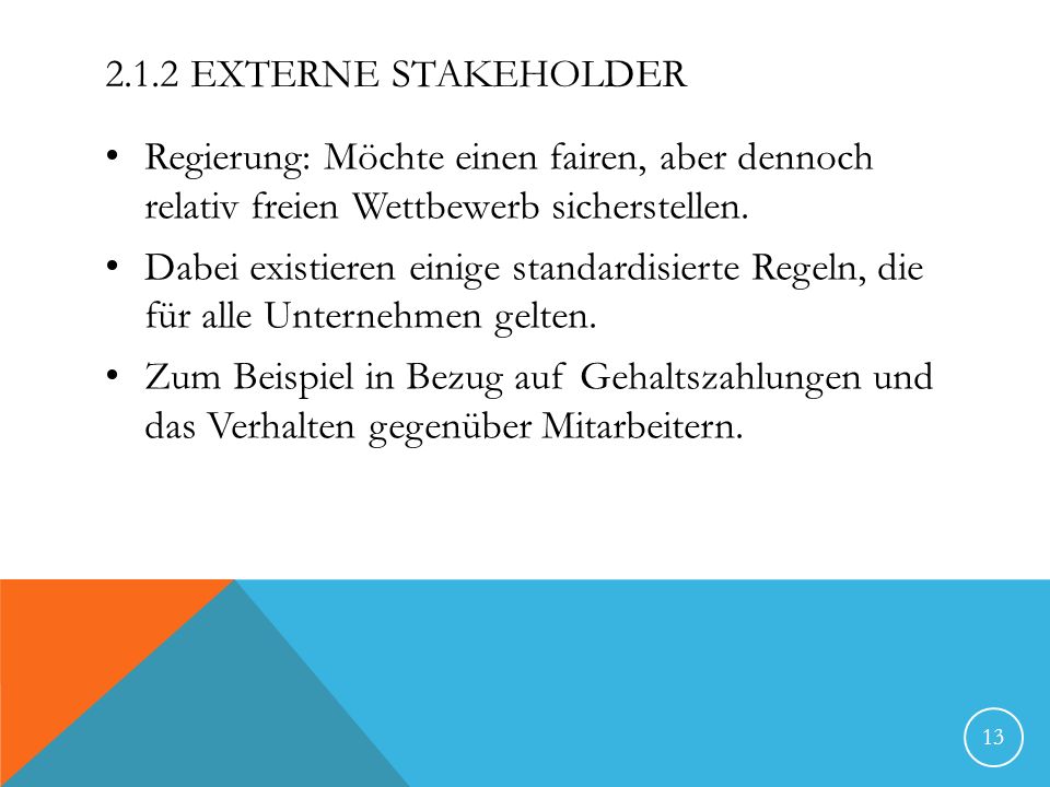 2.1.2 Externe Stakeholder Regierung: Möchte einen fairen, aber dennoch relativ freien Wettbewerb sicherstellen.