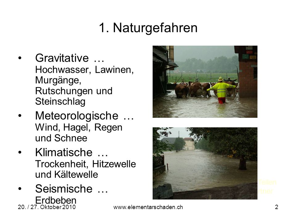 1. Naturgefahren Gravitative … Hochwasser, Lawinen, Murgänge, Rutschungen und Steinschlag. Meteorologische … Wind, Hagel, Regen und Schnee.