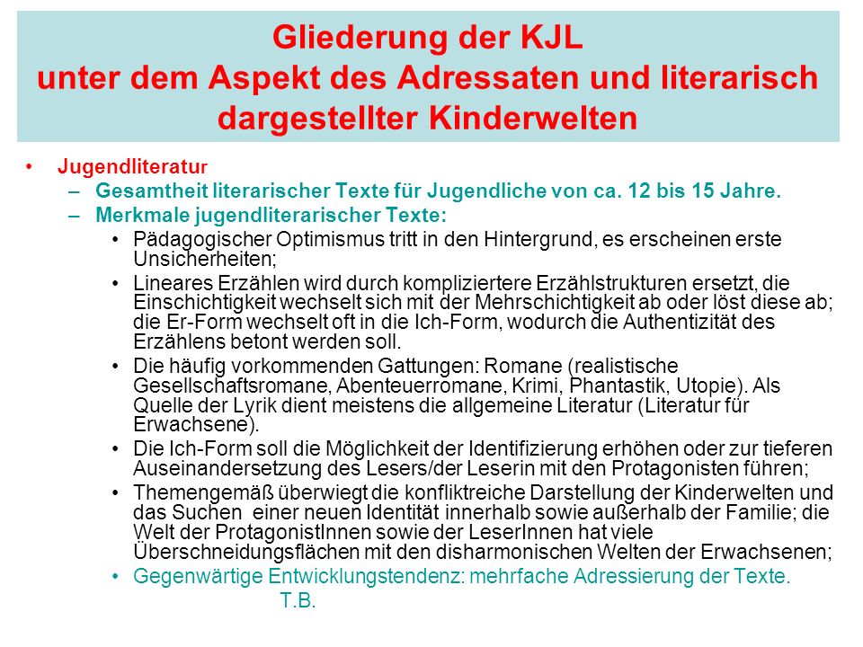Gliederung der KJL unter dem Aspekt des Adressaten und literarisch dargestellter Kinderwelten