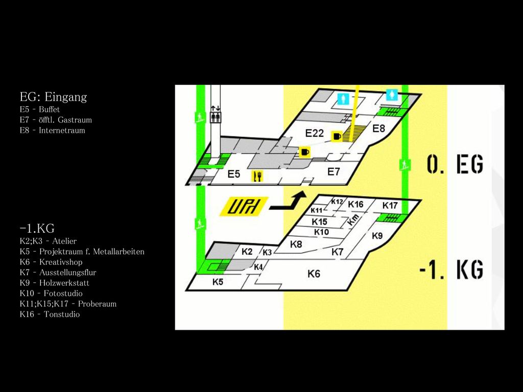 EG: Eingang E5 – Buffet -1.KG K2;K3 – Atelier E7 – öfftl. Gastraum