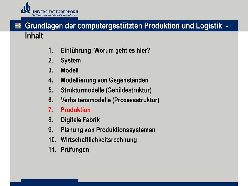 Grundlagen der computergestützten Produktion und Logistik - Inhalt